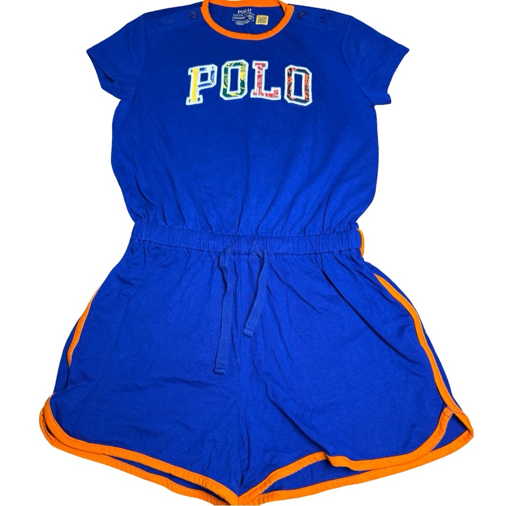 Polo Ralph Lauren Girls Logo Cotton Jersey Romper Blue Orange 6X